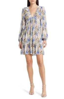 FLORET STUDIOS Floral Micropleat Long Sleeve Dress in Cream Blue Floral