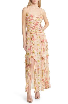 FLORET STUDIOS Floral Ruched Bodice Cascading Ruffle Maxi Dress in Peach Floral