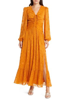 FLORET STUDIOS Floral Ruched Long Sleeve Plissé Midi Dress in Dark Mustard