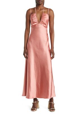FLORET STUDIOS Satin Strappy Halter Midi Dress in Pink