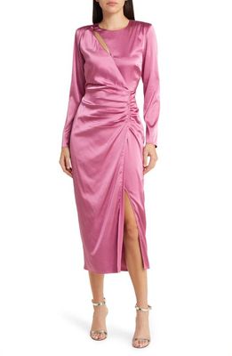 FLORET STUDIOS Side Ruched Long Sleeve Satin Midi Dress in Orchid