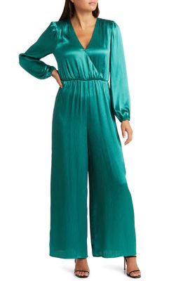 FLORET STUDIOS Textured Long Sleeve Satin Jumpsuit in Emerald