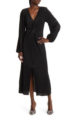 FLORET STUDIOS V-Neck Long Sleeve Plissé Midi Dress in Black
