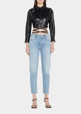 Flossie Vegan Leather Cropped Button-Down Shirt