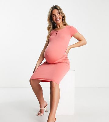 Flounce London Maternity basic jersey midi dress with cap sleeve in coral-Pink