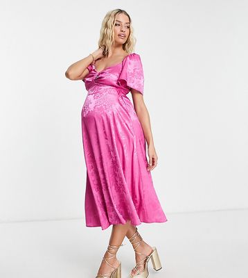 Flounce London Maternity satin flutter sleeve midi dress in hot pink jacquard