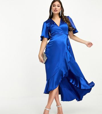 Flounce London Maternity wrap front satin midi dress with flutter sleeves in cobalt-Blue