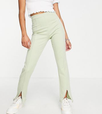 Flounce London Petite high waist tailored stretch pants with split front in sage-Green