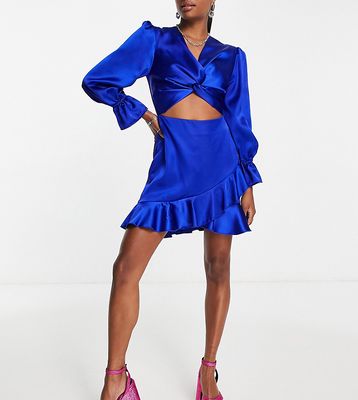 Flounce London Petite satin balloon sleeve mini dress with cut out and ruffle detail in blue