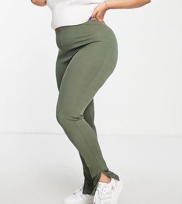 Flounce London Plus narrow ribbed leggings with side split in khaki-Green
