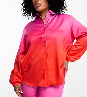 Flounce London Plus oversized satin shirt in pink and red ombre-Multi