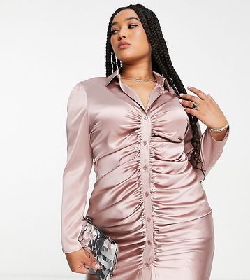 Flounce London Plus satin ruched bodycon mini shirt dress in heather rose-Pink