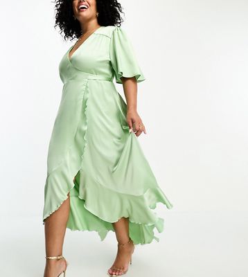 Flounce London Plus wrap front satin midi dress with flutter sleeves in sage-Green