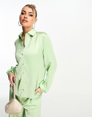 Flounce London satin button up shirt in light khaki - part of a set-Green