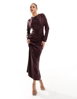 Flounce London satin maxi dress with kimono sleeves in chocolate-Brown