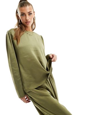 Flounce London satin oversized top in olive - part of a set-Green