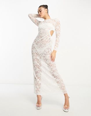 Flounce London sheer lace ruched maxi dress in ivory-White