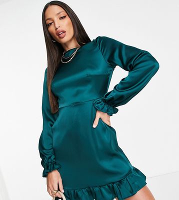 Flounce London Tall satin long sleeve backless mini dress in emerald green