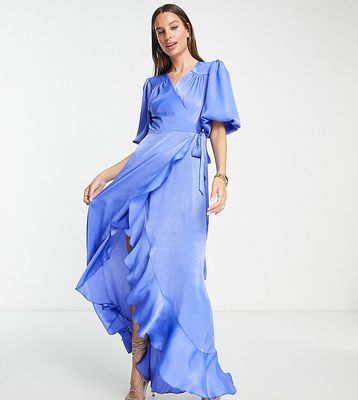 Flounce London Tall satin puff sleeve maxi wrap dress in light blue