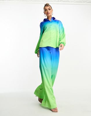 Flounce London wide leg satin pants in blue and green ombre - part of a set-Multi