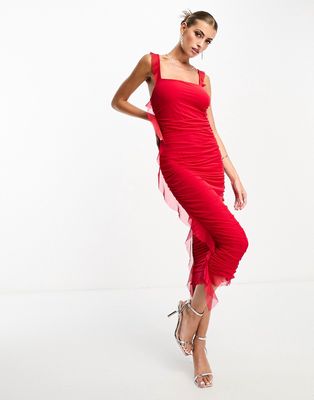 Flounce mesh square midi dress with frill detail in red