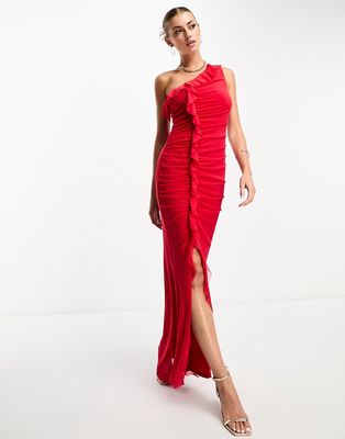 Flounce ruched mesh maxi dress with ruffle detail in red