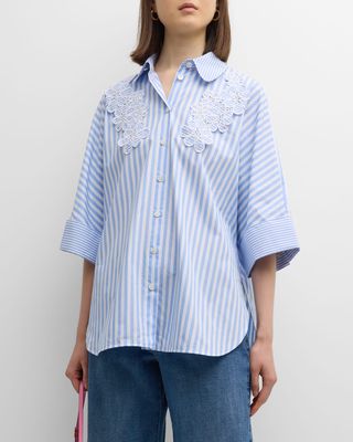 Flower-Applique 3/4-Sleeve Striped Cotton Collared Shirt