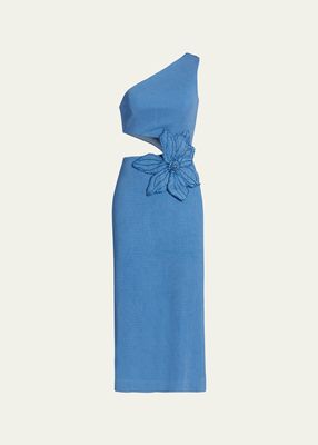 Flower Applique One-Shoulder Midi Dress