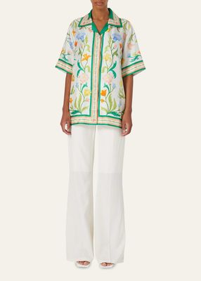 Flower Arch Foulard Cuban-Collar Silk Shirt