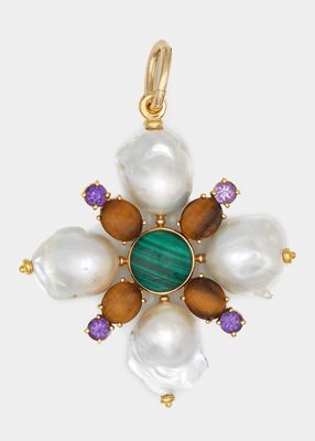 Flower Charm with Freshwater Baroque Pearls, Malachite, Tiger Eye and Amethyst