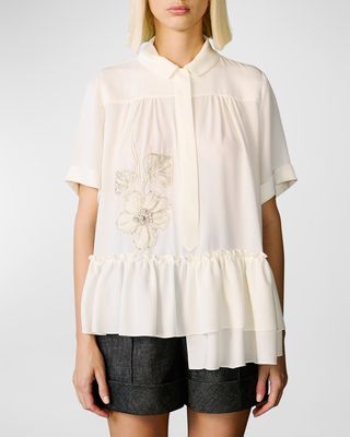 Flower Embellished Ruffle Short-Sleeve Collared Shirt