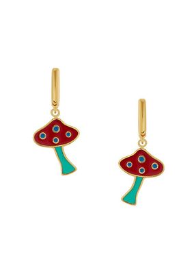 Flower Power 18K Goldplated & Enamel Mushroom Charm Hoop Earrings
