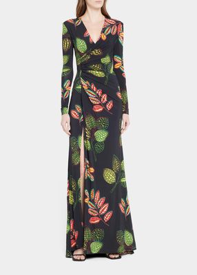 Flower-Print Jersey Long-Sleeve Gown