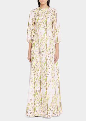 Flower-Print Puff-Sleeve Maxi Dress