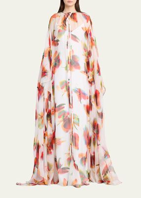 Flowy Orchid Printed Silk Cape Gown