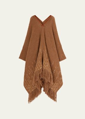 Fluffy Boucle Poncho with Check Embroidery
