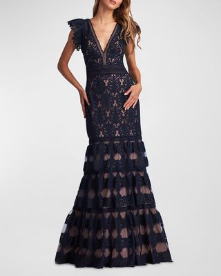 Flutter-Sleeve Deep V-Neck Ruffle Lace Gown