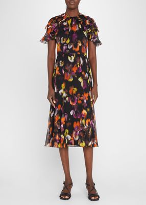 Flutter-Sleeve Floral Silk Midi Dress