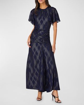 Flutter-Sleeve Metallic Chiffon Maxi Dress