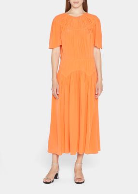 Flutter-Sleeve Side-Slit Gathered Silk Midi Dress