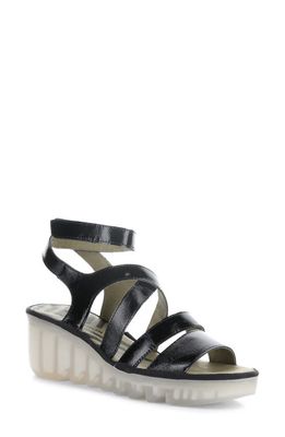 Fly London Bafy Ankle Strap Platform Wedge Sandal in Black Nappalak 