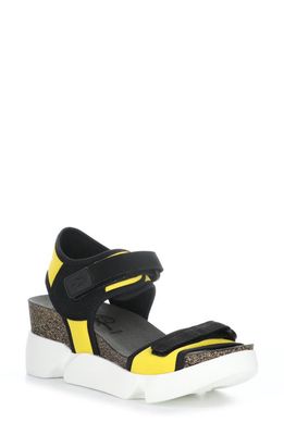 Fly London Sigo Wedge Sandal in 006 Yellow/Black Stretch