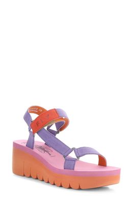 Fly London Yefa Wedge Sandal in 008 Violet/Orange Grograin
