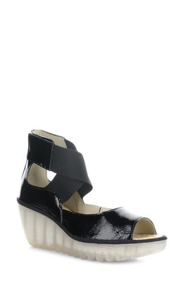 Fly London Yefi Platform Wedge Sandal in Black Luxor