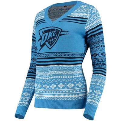 FOCO Women's Blue Oklahoma City Thunder Big Logo Aztec V-Neck Sweater