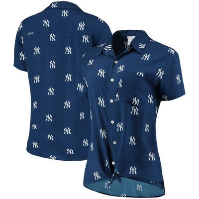 FOCO Women's Navy New York Yankees All Over Logos Button-Up Shirt