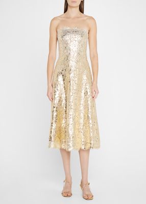 Foil Peony Lace Strapless Midi Dress