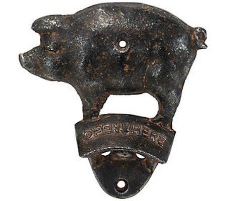 Foreside Rustic Black Metal Pig Wall Mount Beer Bottle Opener