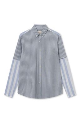 FORET Rest Mixed Stripe Organic Cotton Button-Down Shirt in Light Blue/Cloud 