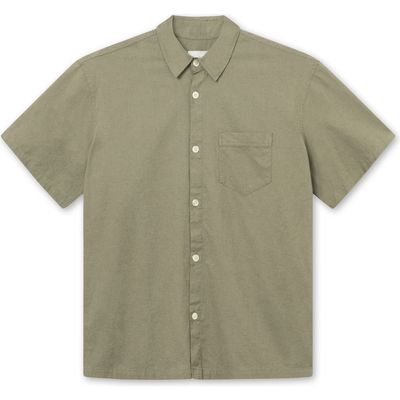 FORET Serene Cotton & Linen Short Sleeve Button-Up Shirt in Dusty Olive 